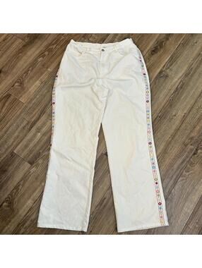 Vintage 90s GW Jeans Co White Embroidered Floral Sequin Pants 12 Cottage Boho